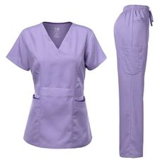 Dagacci Medical Uniform Scrub Woman junior style missy Fit Y-Neck Top, Contrast binding top and cargo pockets pants Size: XXS.  Color: Purple.  Gender: female.  Age Group: adult. Scrubs Uniform Cute, Stylish Scrubs, Scrubs Outfit, Scrubs Uniform, Blue Scrubs, Pockets Pants, Lab Coats, Medical Uniforms, Womens Scrubs