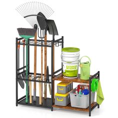 a shelf with gardening tools and buckets on it, next to a garden tool holder