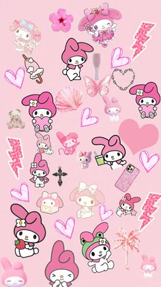 the pink background is filled with many different stickers and hearts, including an image of hello kitty