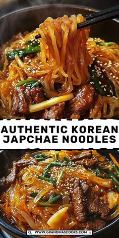 two pictures showing different types of food in the same pan, with text overlay reading authentic korean japanese noodles