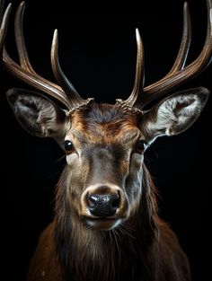 a close up of a deer with antlers on it's head and black background