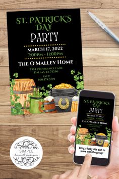 a st patrick's day party flyer with a phone and pot of gold coins