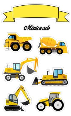 various construction vehicles are shown with a yellow banner above the image and below it, there is