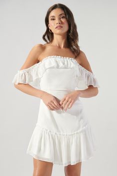 Off The Shoulder Mini Dress, Divine Intervention, Short Cocktail Dress, White Sandals, White Mini Dress, Ruffle Trim, Mini Black Dress, Off Shoulder Blouse, Off Shoulder Dress