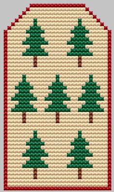 a cross stitch christmas tree pattern with green trees on the bottom and red trimmings