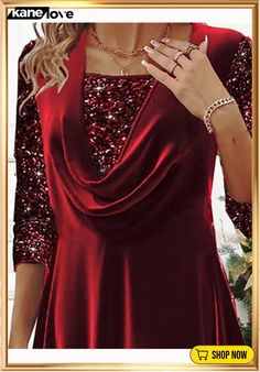 a woman wearing a red dress with sequins on it