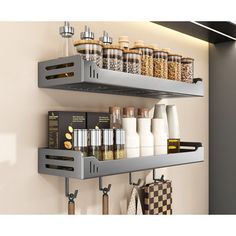 two metal shelves filled with spices and condiments