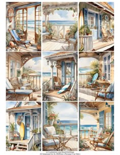 a collage of beach scenes with chairs and an open door to the outside area