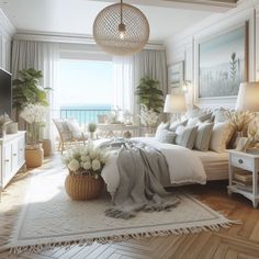 a bedroom with a large bed and lots of pillows on the floor next to a window