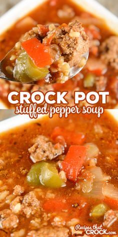 a spoonful of crock pot stuffed pepper soup is shown in two different views