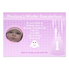 Completely customizable #Birthday #Girl Winter #Onederland Light Pink invitation with icicles, snowflakes, castle, white owl and Your baby girl photo by #PLdesign #WinterOnederland #OneYearOld #BabyGirl #BirthdayGirl #WinterInvite Castle White, Baby Girl Shower Invitations, Winter Invitations