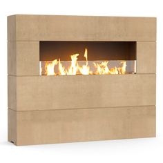 a concrete fireplace with flames in the center and bottom part lit up on an isolated white background