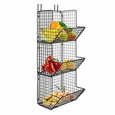 three tiered wire basket with fruit and vegetables on it, no drilling sign above