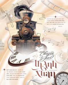 an artistic poster with a train and music notes