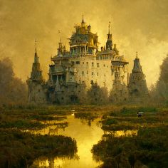 a painting of a castle with water in the foreground