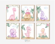 four pink, purple and green dinosaur prints with palm trees in the background for kids's room