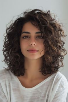 Curly Hairstyles Brunette, Medium Curly Hair Color Ideas, Curly Haircut Square Face, Medium Length Hair With Layers Curly Loose Curls Short Wavy, Medium Length Permed Hairstyles, Curly Shag No Bangs, Mid Length Curly Haircut, Curly Hairstyles For Long Faces, Perm Medium Length Hair