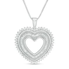 Surprise the one you love with this gorgeous diamond heart pendant. Fashioned in sterling silver, this marvelous style showcases a heart-shaped outline shimmering with tapered baguette-cut diamonds between polished borders. A shadow frame of round diamonds surrounds the center in sparkle. Captivating with 1 ct. t.w. of diamonds and a bright polished shine, this pendant suspends along an 18.0-inch box chain that secures with a spring-ring clasp. Shadow Heart, Shadow Frame, Necklace Clasps, Heart Pendant Diamond, Baguette Cut Diamond, Baguette Cut, Box Chain, Diamond Heart, Diamond Stone