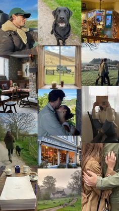 a collage of photos with people and animals in them, including a man hugging a woman