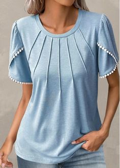 Color:Light Blue;Size:S;Size:M;Size:L;Size:XL;Size:XXL;Package Contents:1 X T Shirt;Occasion:Other;Style:Bohemian; Lace Short Sleeve Top, Tulip Sleeve, Petal Sleeve, Pleated Blouse, Boho Floral Dress, Short Sleeve Pattern, Pleated Shorts, Lace Fashion, Boho Maxi Dress