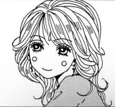 a drawing of a girl with long hair and big eyes, in black and white