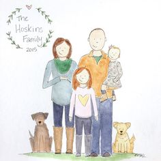 a watercolor drawing of a family with two children and one dog, standing in front of a white background