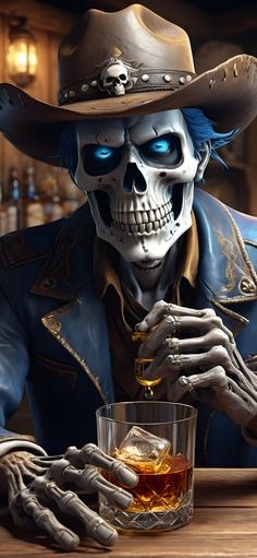 a skeleton wearing a cowboy hat and holding a glass with something in his hand while sitting at a bar