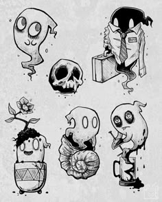 some cartoon characters are drawn in black and white