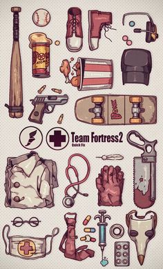 a bunch of different items that are on a white background with the words team fortress