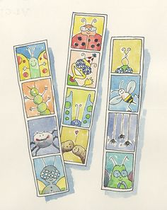 two bookmarks with pictures of bugs and insects on them, one is in color