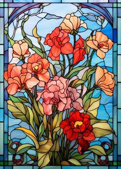 a stained glass window with red and pink flowers in the center, on a blue background