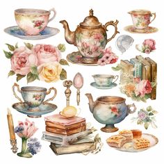 watercolor painting of tea set with roses and books