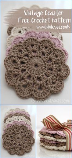 crocheted coasters are shown with different patterns