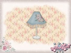 a lamp with flowers on it sitting next to a wallpapered background and pink roses