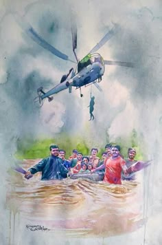 a painting of people in the water with a helicopter above them