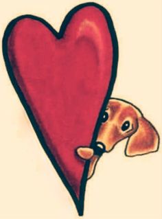 a drawing of a dog peeking out from behind a heart