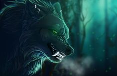 an image of a wolf with green eyes in the woods at night time and fog coming from his mouth