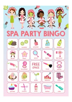 a poster with the words spa party bingo on it