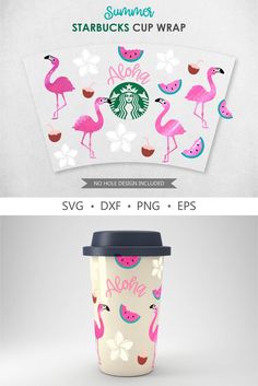 starbucks cup wrapper with pink flamingos and watermelon on it, next to a