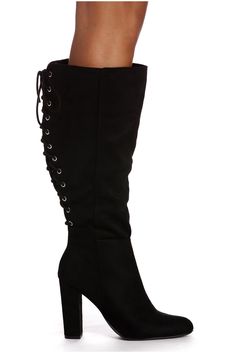 Lace up in these beauties for a glam look! These black boots feature an under the knee fit, a lace up back with silver hued metal grommets, an inner zipper closure, an almond toe and a sturdy block heel. Boots are composed of a faux suede material.  Selected fashion products to make you show your confidence and charm Glam Look, Glam Looks, Black Suede Boots, Block Heel Boots, Suede Material, Heel Boots, Suede Boots, Black Boots, Faux Suede