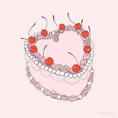 a pink cake with cherries and pearls on it's sides, in the shape of a heart