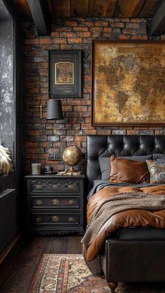 a bedroom with an old world map on the wall