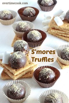 there are chocolate truffles on top of each other with the words s'mores truffles above them