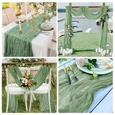 a collage of photos with chairs and table cloths