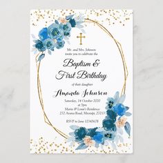 a blue and white floral birthday party card