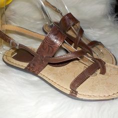 Born B.O.C. Women's Size 7m Versitle Sandals Dark Brown In Color Slingback Strap With Buckle Closure Embossed Thick Strap Across Top Of Foot Between Top Strap Comfort Footbed Faux Leather Brand New - No Box- Tag Attached Brown T-strap Slingback Sandals For Spring, Brown Adjustable Slingback Slip-on Sandals, Adjustable Brown Slip-on Slingback Sandals, Open Toe Sandals Heels, Low Wedge Sandals, Black Gladiator Sandals, Modern Sandals, T Strap Flats, Genuine Leather Sandals