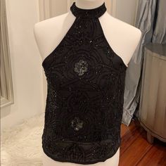 Gorgeous Sequin Top Only One Available M Fastens At The Neckline Embellished Black Tops For Cocktail, Black Spring Cocktail Tops, Feather Tank Top, Strapless Tank Top, Tropical Print Top, Floral Mesh Top, Floral Peplum, Plaid Blouse, Western Boho