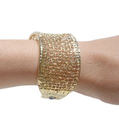 Handmade Wide Cuff Net Texture Solid 14k Yellow Gold Bracelet - Elegan – Hadar Jewelry Textured Bracelet, Filigree Bracelet, Silver Opal Ring, Jewelry Real, Silver Gold Jewelry, Wide Bracelet, Gold Bracelet For Women, Mesh Bracelet, Gold Cuffs