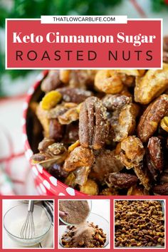 keto cinnamon sugar roasted nuts in a red bowl with text overlay that reads keto cinnamon sugar roasted nuts