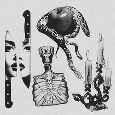 black and white drawing of various items including a knife, skull, candle holder, apple